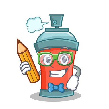 Öğrenci kalem aerosol sprey ile karikatür karakter