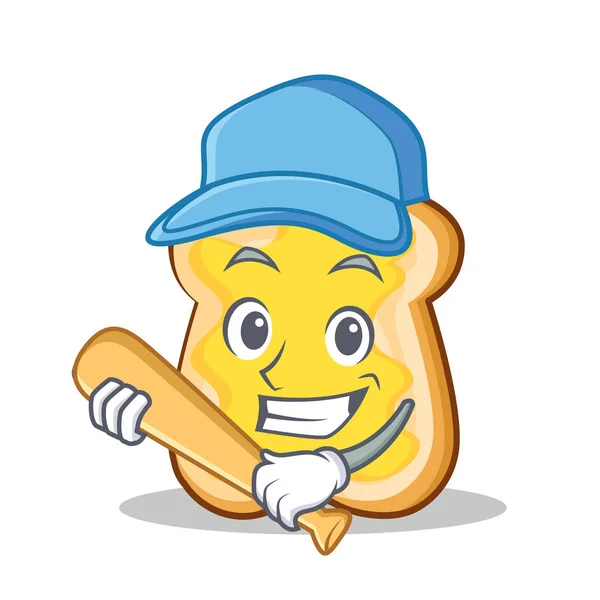 Jugar béisbol rebanada de pan personaje de dibujos animados — Vector de stock