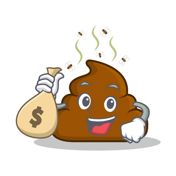 Con bolsa de dinero Poop emoticono personaje de dibujos animados — Vector de stock