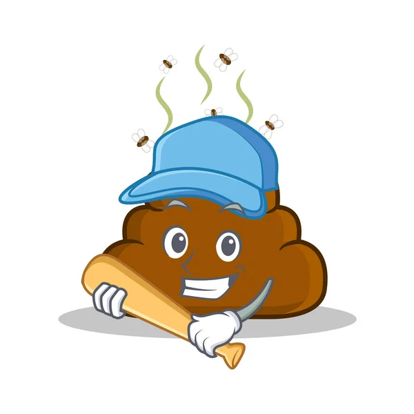 Jugar béisbol Poop emoticono personaje de dibujos animados — Vector de stock