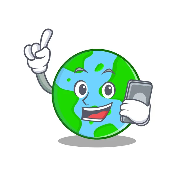 Avec téléphone monde globe personnage dessin animé — Image vectorielle