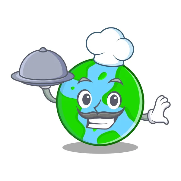 Chef-kok met voedsel wereld globe karakter cartoon — Stockvector