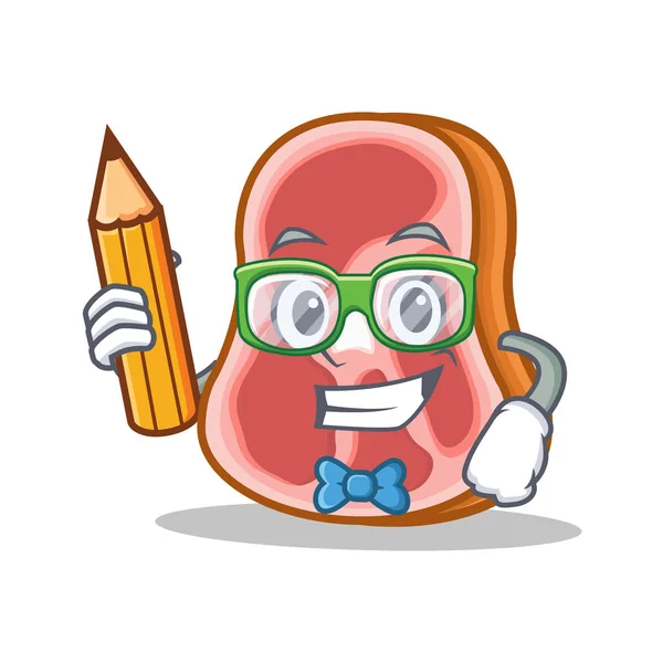 Student mit Bleistift Fleisch Charakter Cartoon-Essen — Stockvektor