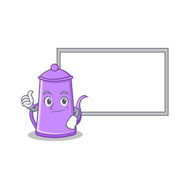 Başparmak yukarıya kurulu mor çaydanlık karakter karikatür ile