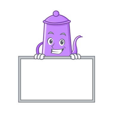 Sırıtan kurulu mor çaydanlık karakter karikatür