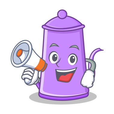 Megafon mor çaydanlık karakter karikatür ile