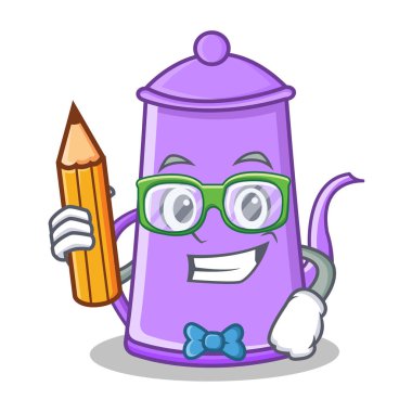 Öğrenci kalem mor çaydanlık karakter karikatür ile