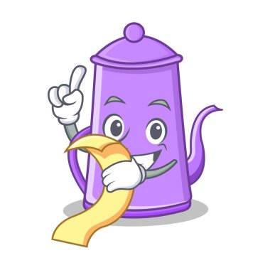 Menü mor çaydanlık karakter karikatür ile