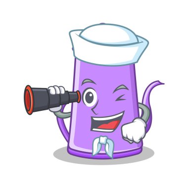 Denizci dürbün mor çaydanlık karakter karikatür ile