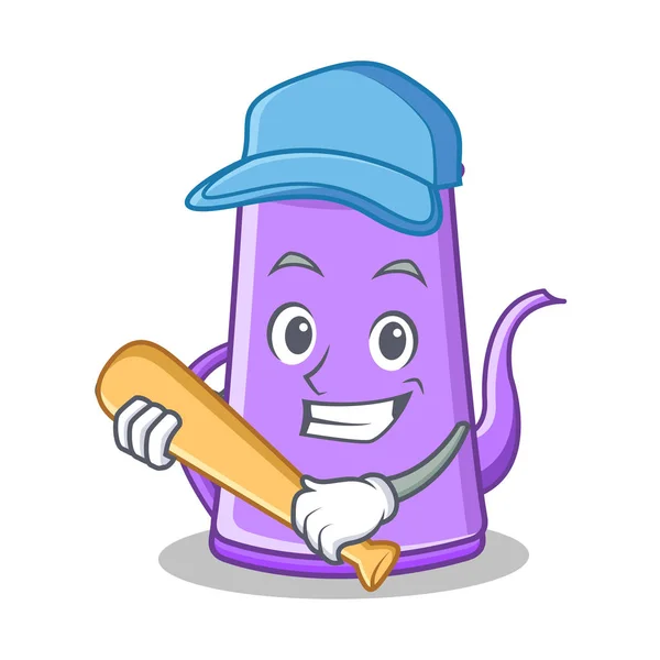 Jugar béisbol tetera púrpura personaje de dibujos animados — Vector de stock