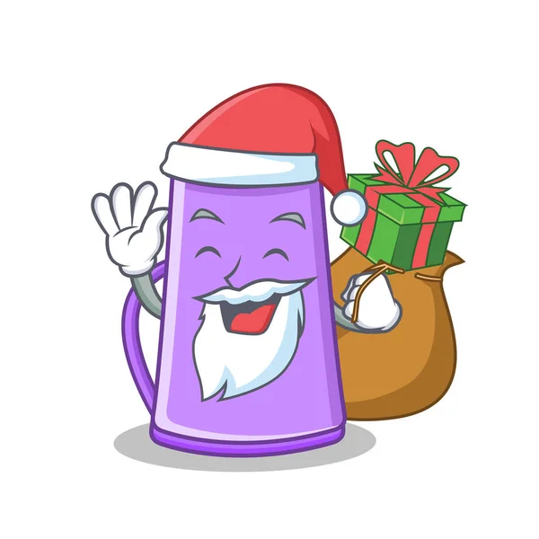 Père Noël avec cadeau théière pourpre personnage dessin animé — Image vectorielle