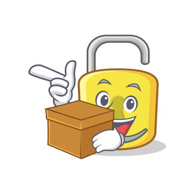 Kutu sarı kilit karakter maskotu ile