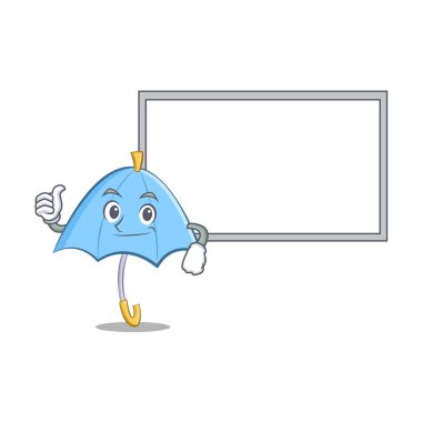 Başparmak yukarıya kurulu mavi şemsiye karakter karikatür ile