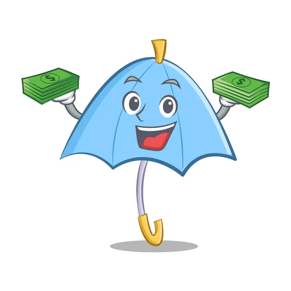 Com dinheiro azul personagem guarda-chuva desenhos animados — Vetor de Stock