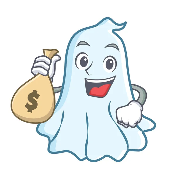 Con bolsa de dinero lindo personaje fantasma de dibujos animados — Archivo Imágenes Vectoriales