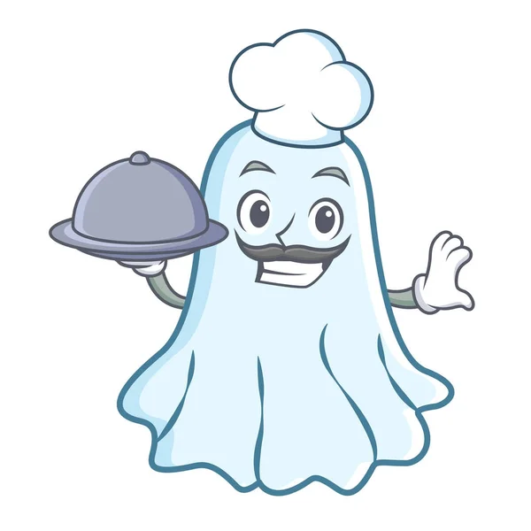 Chef con comida lindo fantasma personaje de dibujos animados — Archivo Imágenes Vectoriales