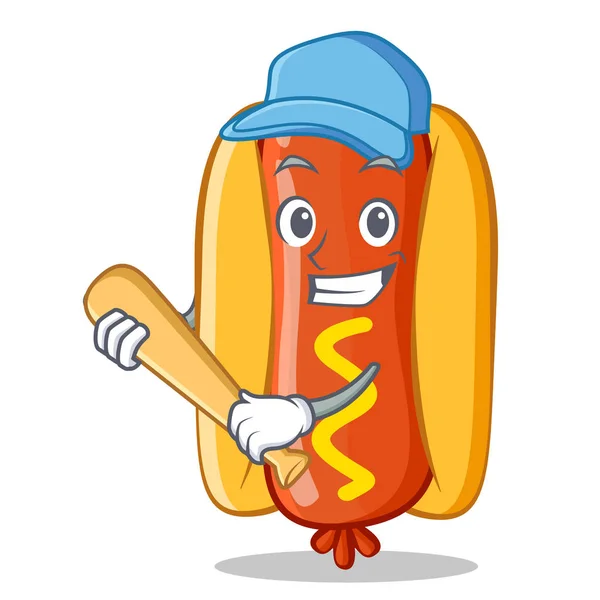 Hrát Baseball Hot Dog kreslená postavička — Stockový vektor