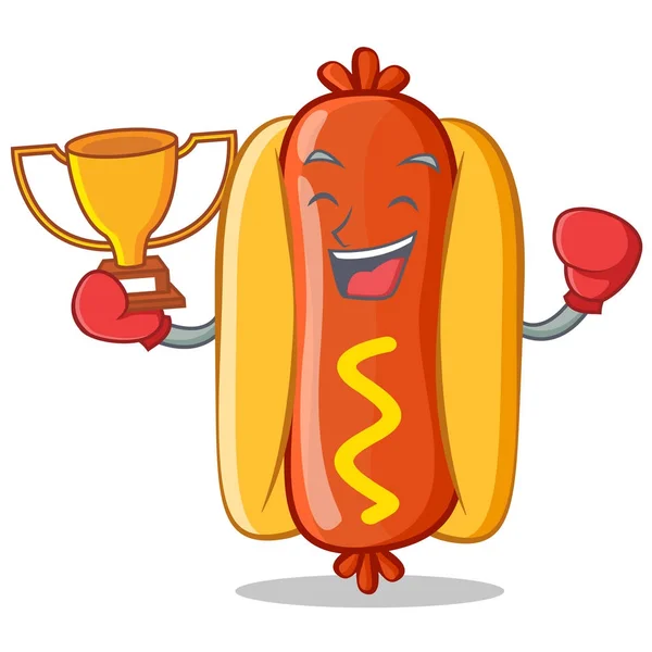 Vencedor de boxe Hot Dog personagem dos desenhos animados —  Vetores de Stock