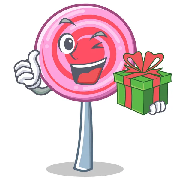 Med gåva söt lollipop karaktär tecknad — Stock vektor