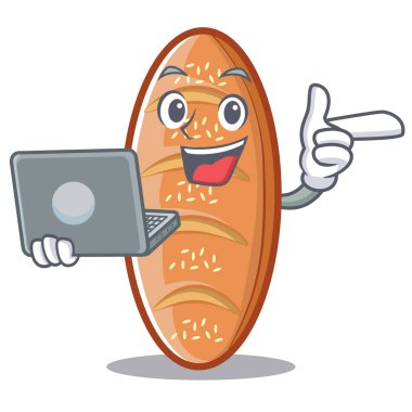 Laptop ile pişmiş ekmek karakter çizgi film