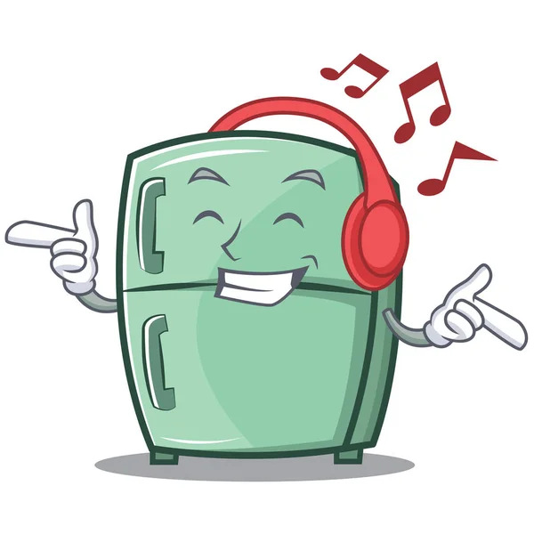 Écouter de la musique mignon réfrigérateur personnage dessin animé — Image vectorielle