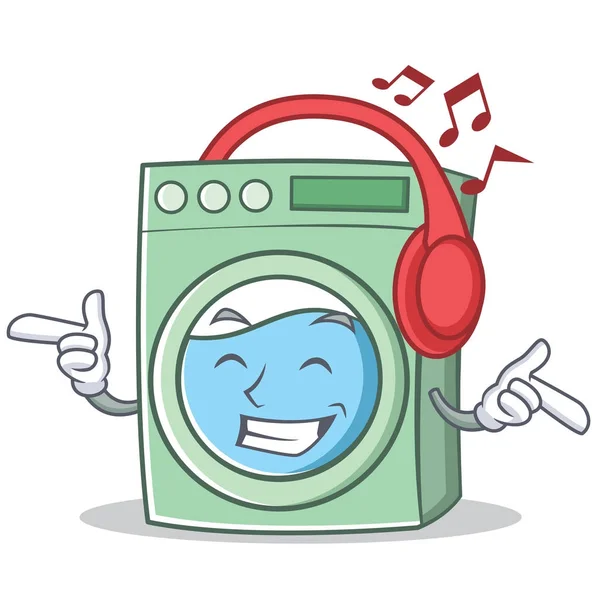 Luisteren muziek wasmachine karakter cartoon — Stockvector