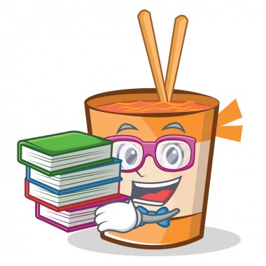 Öğrenci kitap fincan erişte karakter karikatür ile