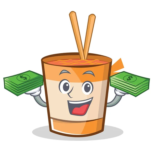 Com dinheiro copo macarrão personagem desenhos animados — Vetor de Stock