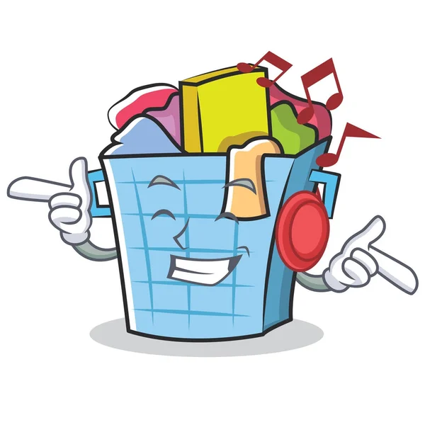 Listening music laundry basket character cartoon — Stock Vector
