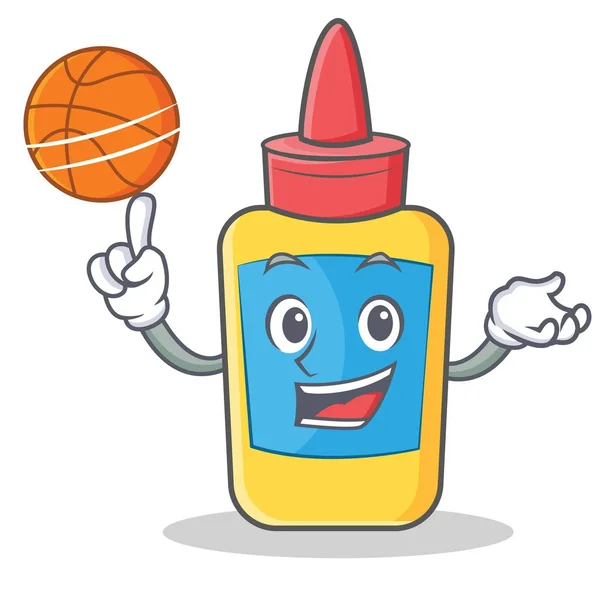 Spelen basketbal lijm fles karakter cartoon — Stockvector