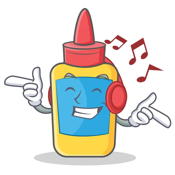 Luisteren muziek lijm fles karakter cartoon — Stockvector
