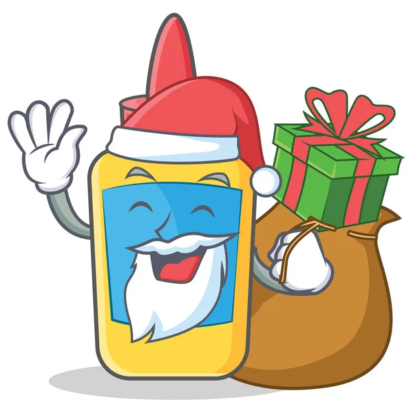 Santa con regalo pegamento botella carácter dibujos animados — Vector de stock