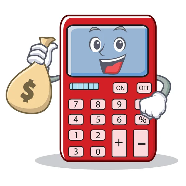С сумкой денег симпатичный калькулятор персонажа мультфильма — стоковый вектор