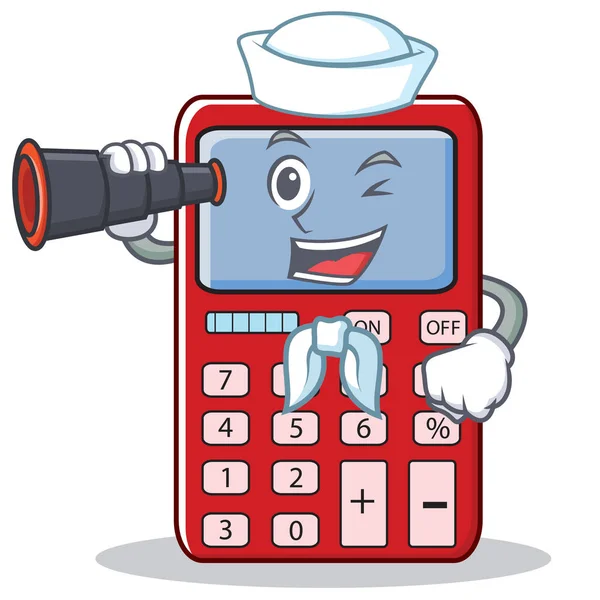 Marinaio con binocolo carino calcolatrice personaggio cartone animato — Vettoriale Stock