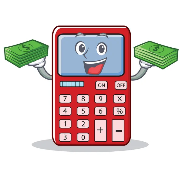 Con dinero lindo calculadora personaje de dibujos animados — Vector de stock
