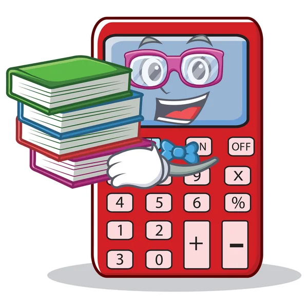 Estudiante con libro lindo calculadora personaje de dibujos animados — Vector de stock