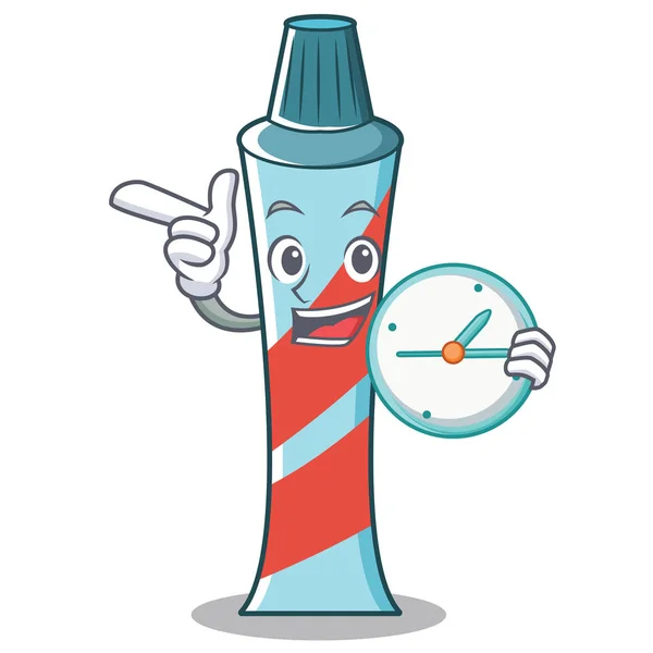 Avec horloge dentifrice personnage dessin animé style — Image vectorielle