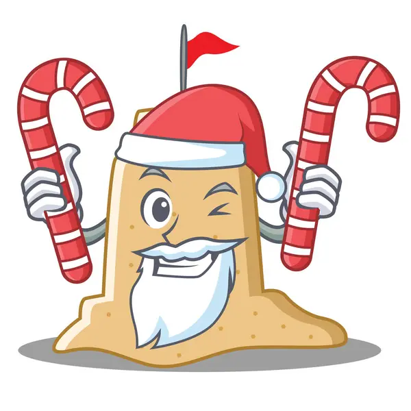 Santa con caramelo personaje de castillo de arena estilo de dibujos animados — Vector de stock