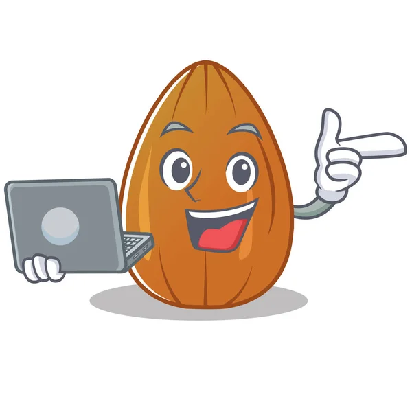 Dengan laptop almond nut karakter kartun - Stok Vektor