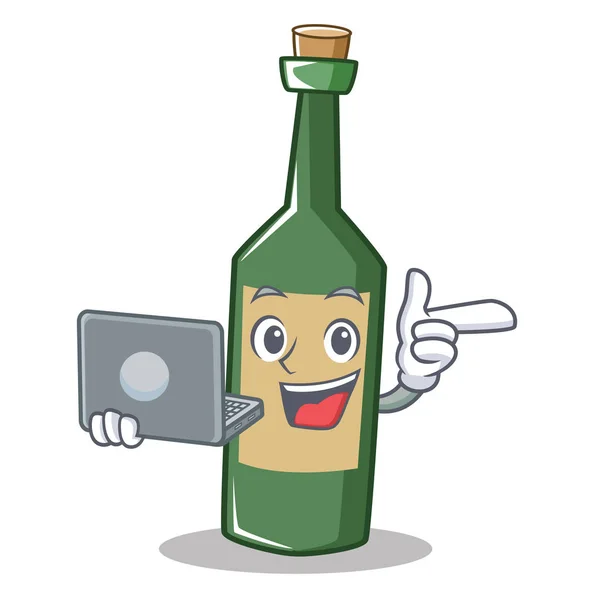 Com o desenho animado do caráter da garrafa de vinho do portátil —  Vetores de Stock