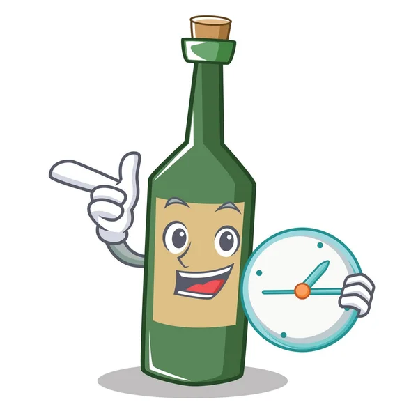 Med klocka vinflaska karaktär tecknad — Stock vektor