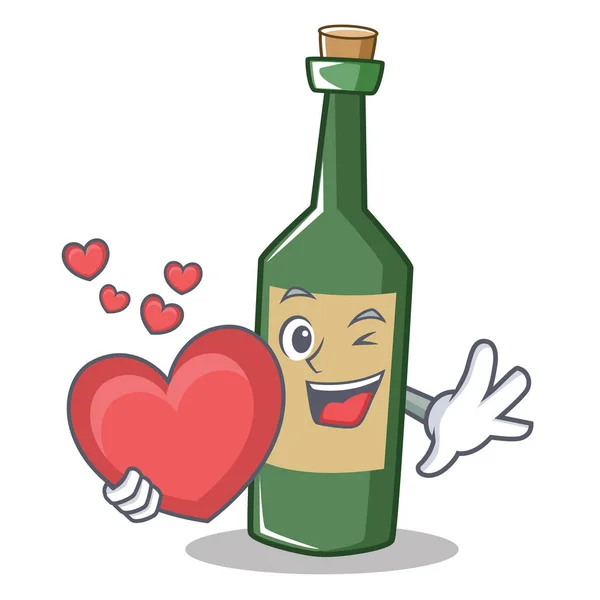 Con cuore vino bottiglia personaggio cartone animato — Vettoriale Stock