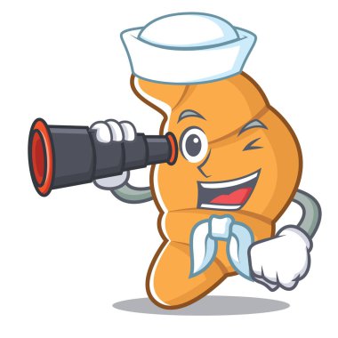 Denizci dürbün kruvasan karakter karikatür tarzı ile