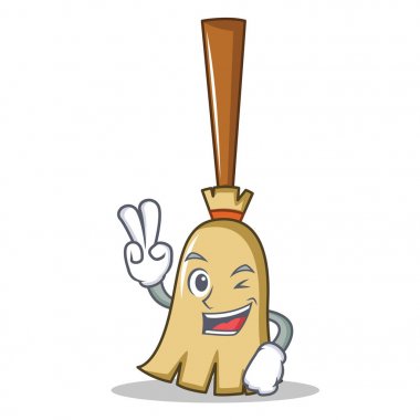 Süpürge karakter karikatür tarzı iki parmak