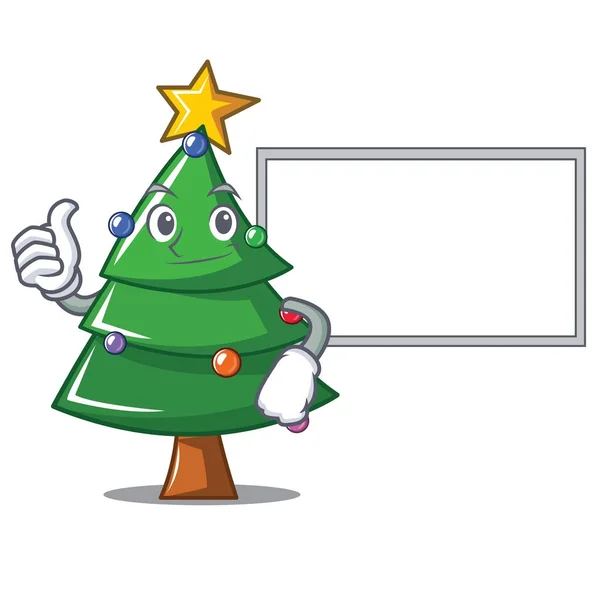 Pulgares hacia arriba con tablero de dibujos animados personaje árbol de Navidad — Vector de stock