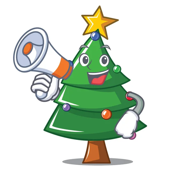 Met megafoon kerstboom karakter cartoon — Stockvector