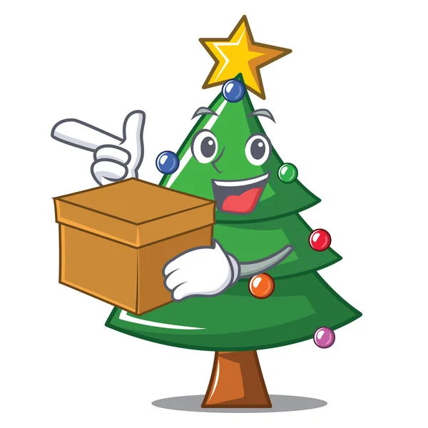 Com caixa de árvore de Natal personagem cartoon —  Vetores de Stock