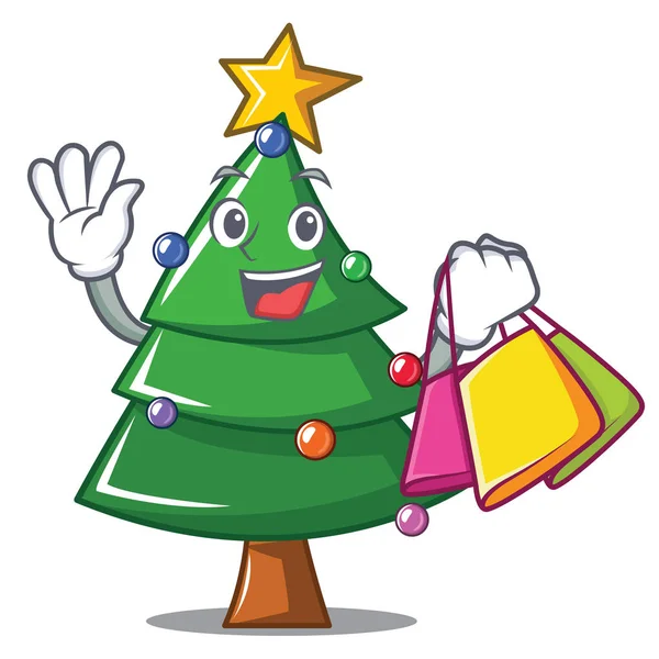 Compras árbol de Navidad personaje de dibujos animados — Vector de stock