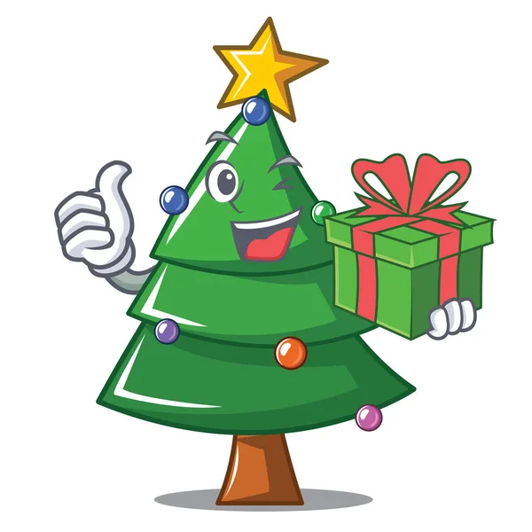 Com presente árvore de Natal personagem desenhos animados — Vetor de Stock