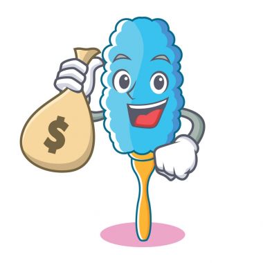With money bag feather duster character cartoon